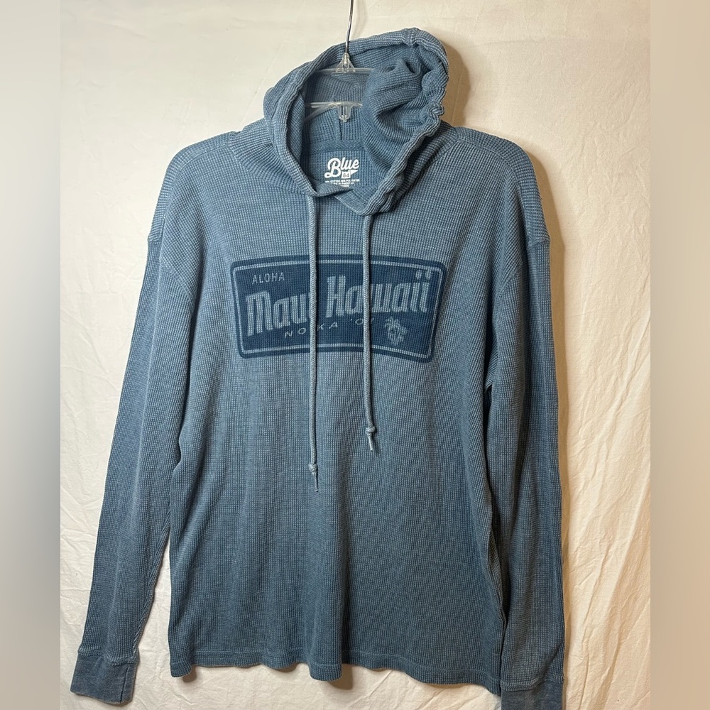 Blue 84 Maui Hawaii Waffle Knit Hoodie Pullover Blue Medium Surf Aloha Graphic